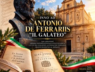 Locandina del XIII Premio Internazionale d'Eccellenza Città del Galateo con ritratto e statua di Antonio De Ferrariis e il Convento di Santa Maria Sopra Minerva sullo sfondo.