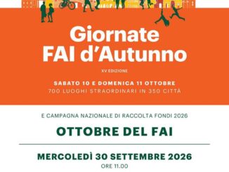 Locandina promozionale delle Giornate FAI d'Autunno 2026 con sagome di monumenti italiani e persone in attività culturali, con i dettagli dell'evento e la data della presentazione alla stampa.